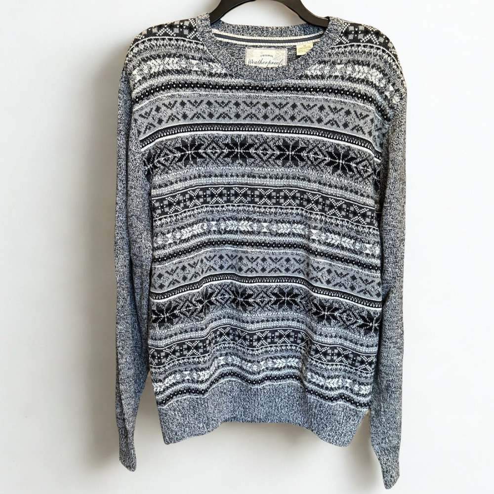 Original Weatherproof Men's Sweater Gray Fair Isle Knit Crewneck Cozy‎ Casual M